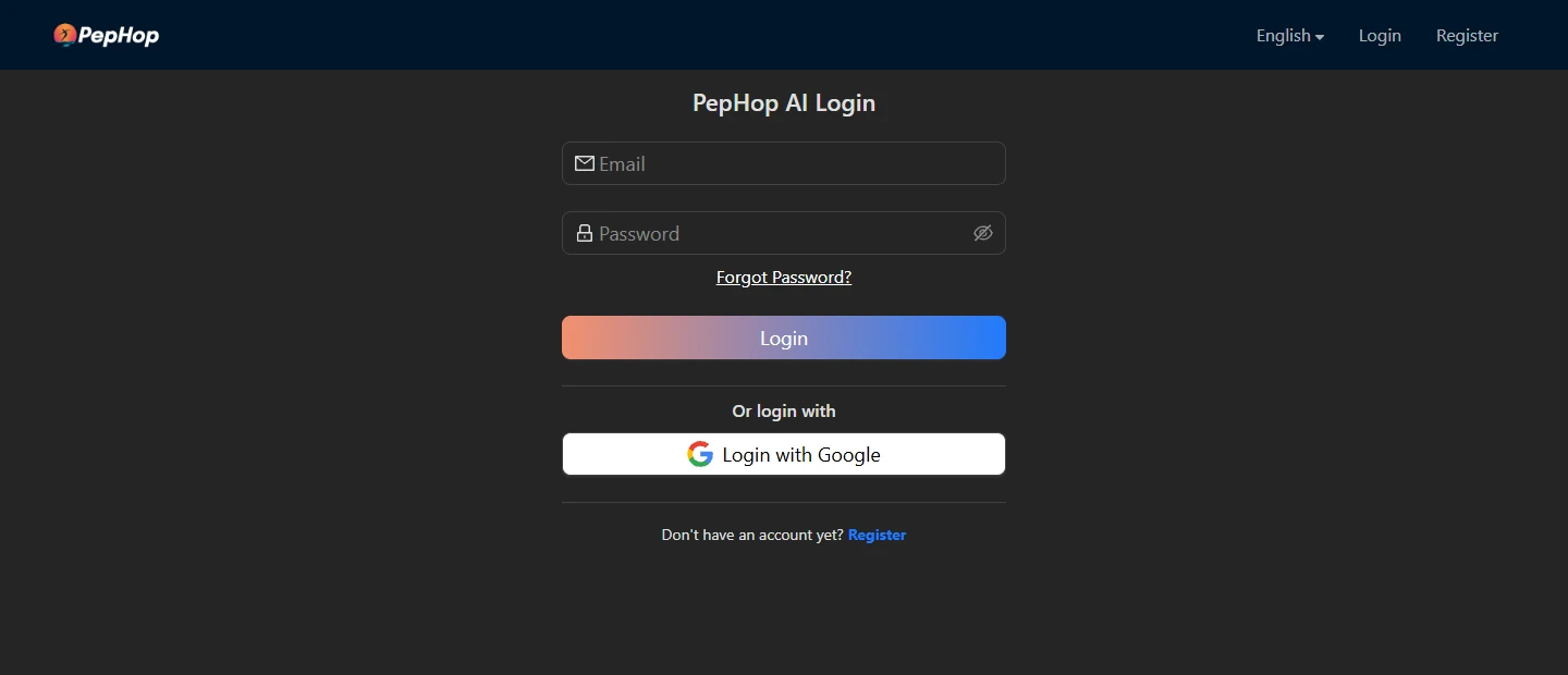 Pephop desktop sign-in screen public interface view